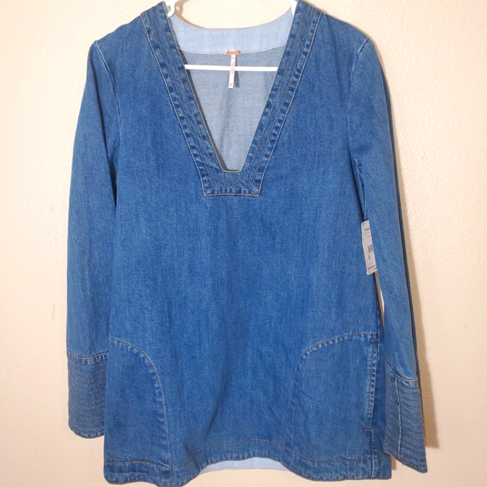 Free People Denim Tunic/ Dress long sleeve side pockets Sz S NWT
